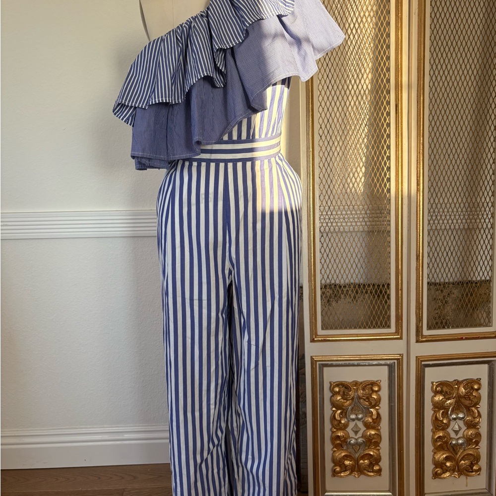 J.Crew One-Shoulder Striped Ruffle Jumpsuit – Size 8